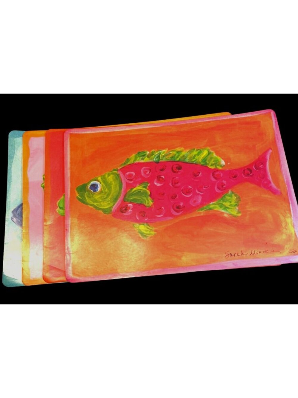 Set Of 4 Hand-Painted Sarah Minor Design Laminated Fish-Themed Placemats